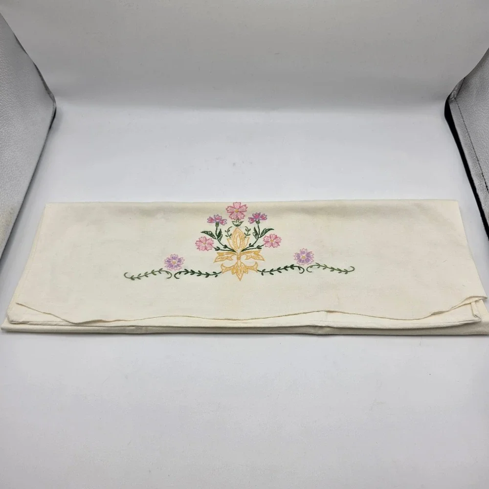 Vintage Pillowcase 90s Hand Embroidered Cream Floral Pink Purple Cottagecore Bed